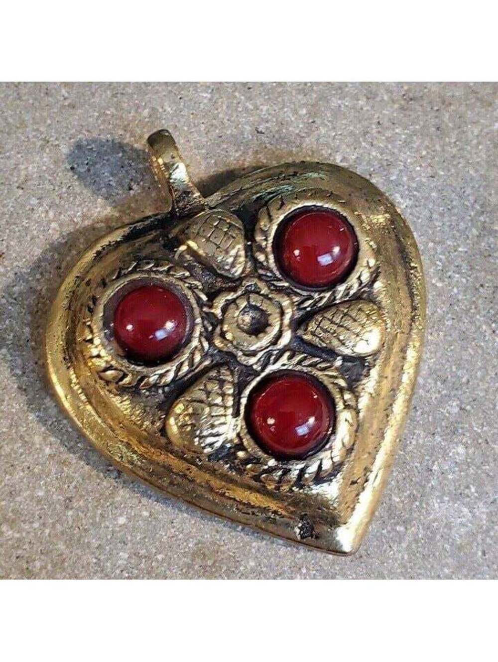 India Tribal Carved Heart Red Glass Cabs Antique Gold Aluminum Metal Pendant